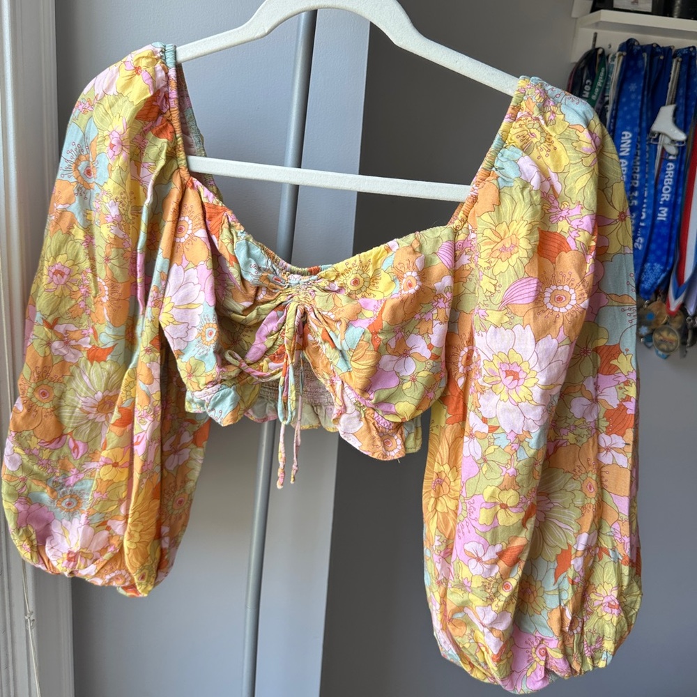 Show Me Your MuMu Yellow and Pink Puff Sleeve Crop Blouse